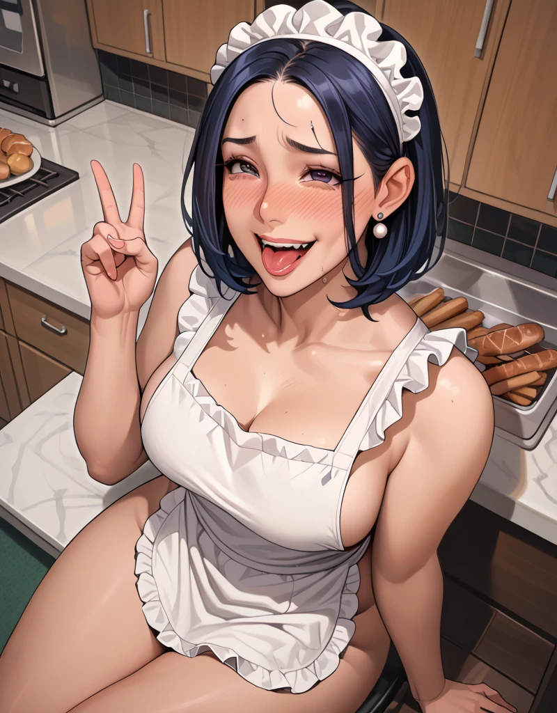 nakedapron、blue hair、apron、Frying pan in hand、naked、big breasts、sexy、cheeks are red、upper body only