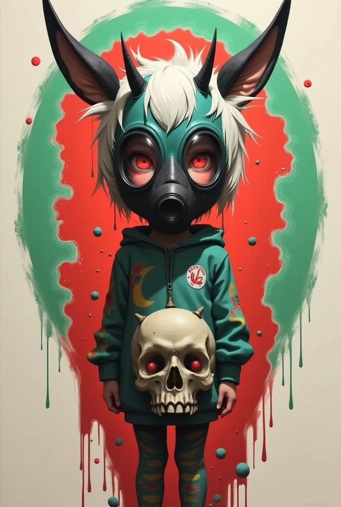 「A girl in a cute animal costume and a gas mask」A logo design that says、horroor logo image、High contrast in red and green、Calligraphy、skull,A woman with a full-body image
