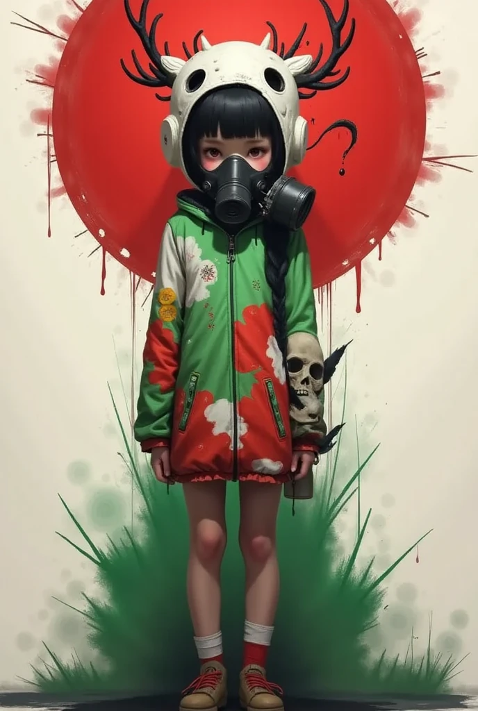 「A girl in a cute animal costume and a gas mask」A logo design that says、horroor logo image、High contrast in red and green、Calligraphy、skull,A woman with a full-body image
