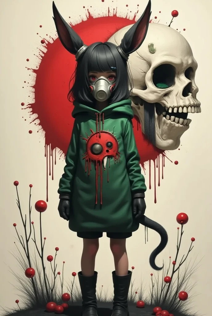 「A girl in a cute animal costume and a gas mask」A logo design that says、horroor logo image、High contrast in red and green、Calligraphy、skull,A woman with a full-body image
