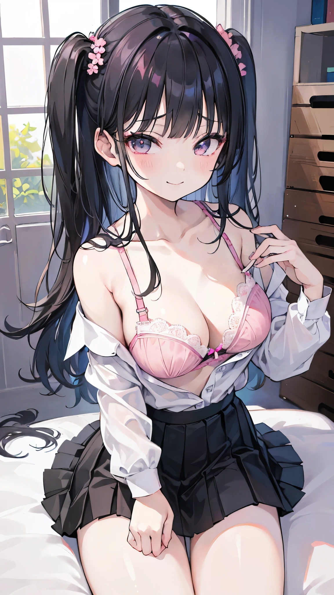 ((highest quality)),(ultra high resolution),(Super detailed),(detailed description),((best CG)),(best work of art),super precision art,great drawing art,(Art with precise details:1.5), Portrait:1.6,bust shot:1.4,(1 woman:1.5),beautiful and well-shaped face:1.5,(light purple lace bra with flowers on the chest:1.5)、 Japanese、girl,Slender、small face、brown eyes、tall、 highres,black hair、long hair、classroom、black long skirt、17 years old、Sitting at a desk、Mature