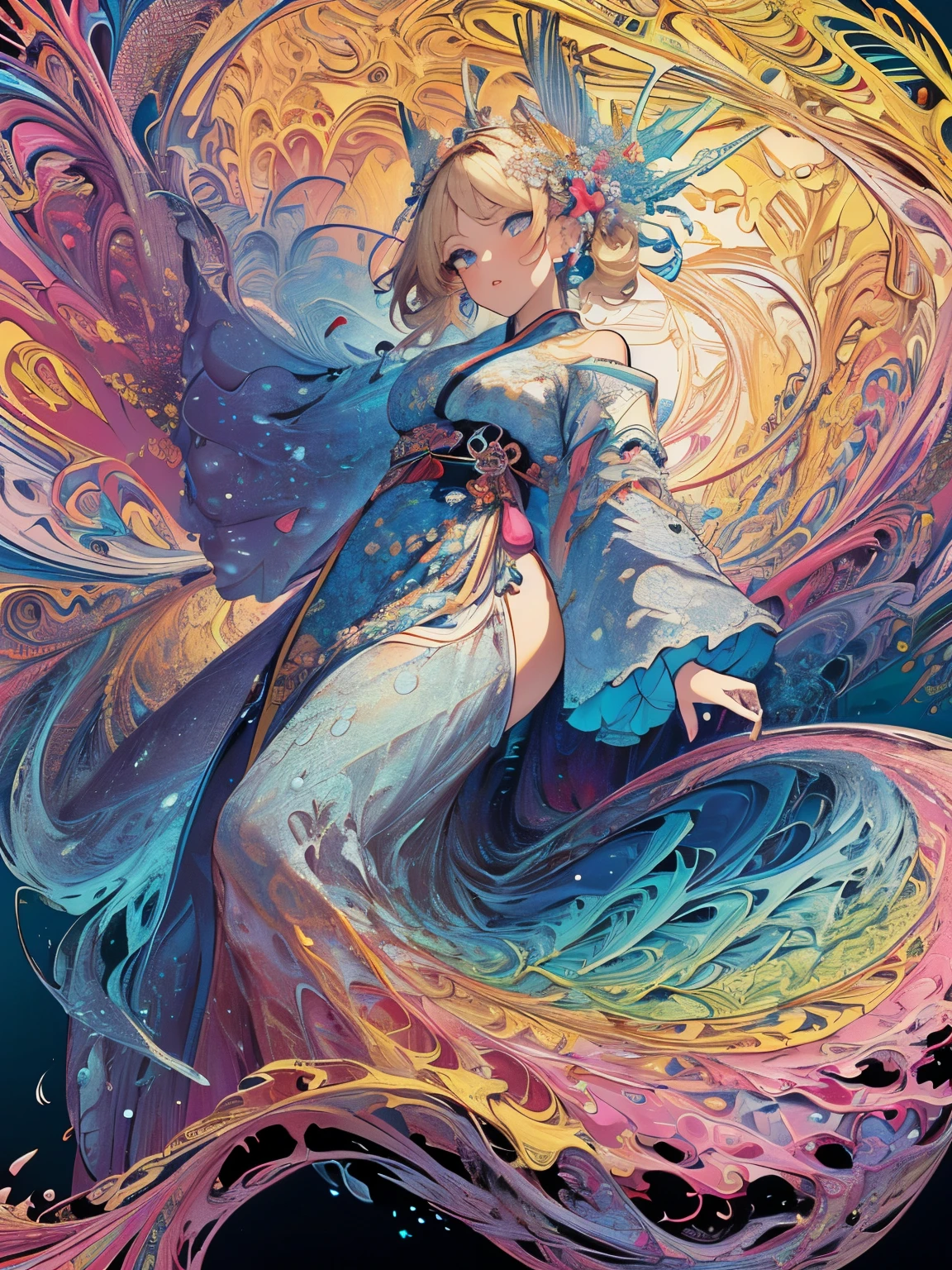 girl in a fluid and dynamic pose, dressed in a loose flowing pink dress, mysterious expression, curly white and pink hair, [Zhang Ziyi |Aishwarya Rai], with bold and colorful abstract art, blurred background, bright lighting, official art, 8k wallpaper unity (zentangle, a Mandala, clew, Tangled), intricate clothes, (tmasterpiece, hiquality, beste-Qualit, official arts, Beautiful and aesthetically pleasing: 1,2), extremely detialed, (s fractal art: 1,1), (colourful: 1,1) (Flowers: 1,3), Extreme detailing, (zentangle: 1,2), (dynamicpose), (sparkly skin), (lots of flowers: 1,4) dinamic angle, elegant, bright colours, romanticism,