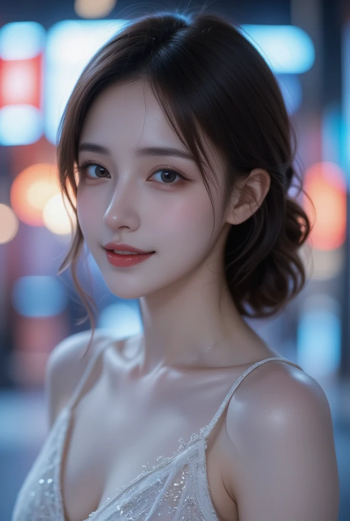 night, RAW Photos, (((Very beautiful portrait))), (Very beautiful portrait))), 1 girl, 25 year old girl, ((Natural brown updo)), [Brown eyes],A gentle smile looking at the camera(Cleavage), ((masterpiece, 最high quality, Super detailed, Cinema Lighting, Intricate details, High resolution, 8k, Very detailed)), Detailed Background, 8k UHD, Digital SLR, Soft lighting, high quality, Film Grain, Fujifilm XT3, Shallow depth of field, Natural light, Perfect Face、firework、yukata