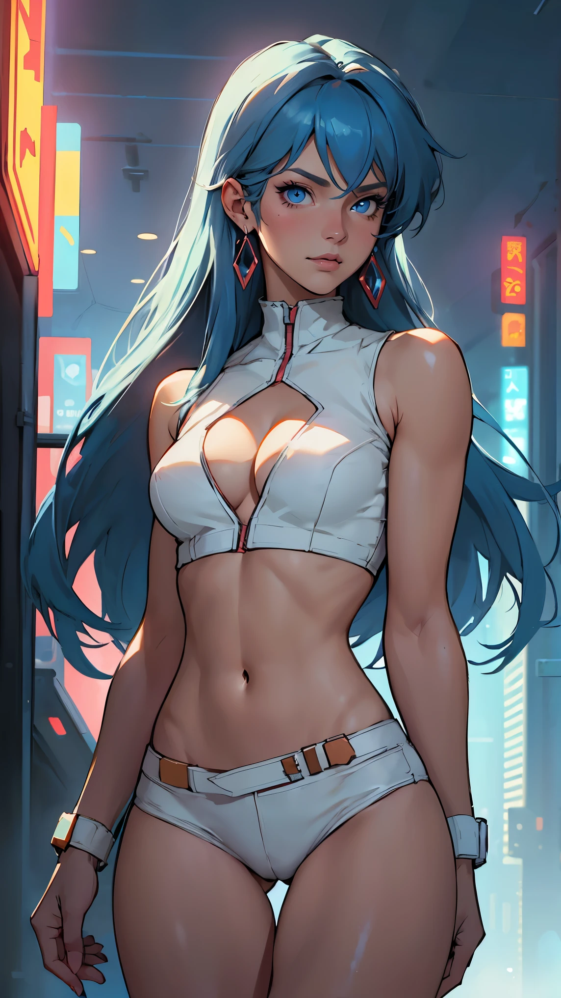 ((Masterpiece, highest quality; 1.3)), super quality, beautiful detail, super detailed, extra fine, 16K, exquisite, absurd, high resolution, beautiful background, detailed background, beautiful eyes, beautiful skin, anime style, dirtypairyuri, Dirty Pair Yuri in a skimpy white outfit, long blue hair, blue eyes, earrings, white uniform, white crop top, cutout, sleeveless, wearing tight clothing, skimpy, (breasts: 1.2), cleavage, cleavage, , obliques, fit arms, slim waist, ((wide hips)), fit thighs, (thigh gap), showing stomach, (skinny frame), wide hips, cyberpunk city background, holding a retro space gun