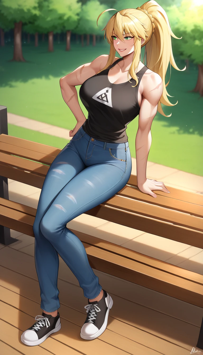 (((throw)), artoria, destination, blonde hair, blue-green eyes,  High resolution, ultra-sharp, 8K,  masterpiece,  looking at the spectator, (( masterpiece)), (( high definition)), (( lyrics)), anime badass 8K,  better noise removal , La  better quality , best render ,  smiling with joy ,  sitting on a wooden bench en el parque, ( better quality :1.3), (4K quality), Good composition, bright green light, Headrest, Lips, ( long hair  atado bajo, (day:1.2), (( masterpiece)), (( high definition)), (( lyrics)), anime badass 8K,  better noise removal , La  better quality , best render , blonde hair, tied hair,  long hair ,  long hair  atado, cintura slim, muscle girl, Full arms, without errors,  long hair  atado, high ponytail, hide breasts , girl smiling,  girl looking forward , blue-green eyes, golden hair, usando su jeans negros y  black sleeveless t-shirt, hide breasts , slim, signs of fatigue, (From behind: 1,9), parada de espaldas, walking away from the camera,  taking a step away from the camera ,  scars on the body , jeans negros,  black sleeveless t-shirt, scars on the arms,  sitting on a wooden bench, alone, only girl , girl smiling de alegría,  hands on the waist,  mature woman ,  looking to the left , varias scars on the arms