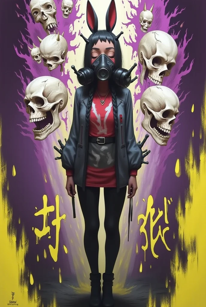 「 woman in cute animal costume and gas mask」A logo design that says、horroor logo image、High contrast in purple and yellow 、Calligraphy、skull,A woman with a full-body image
