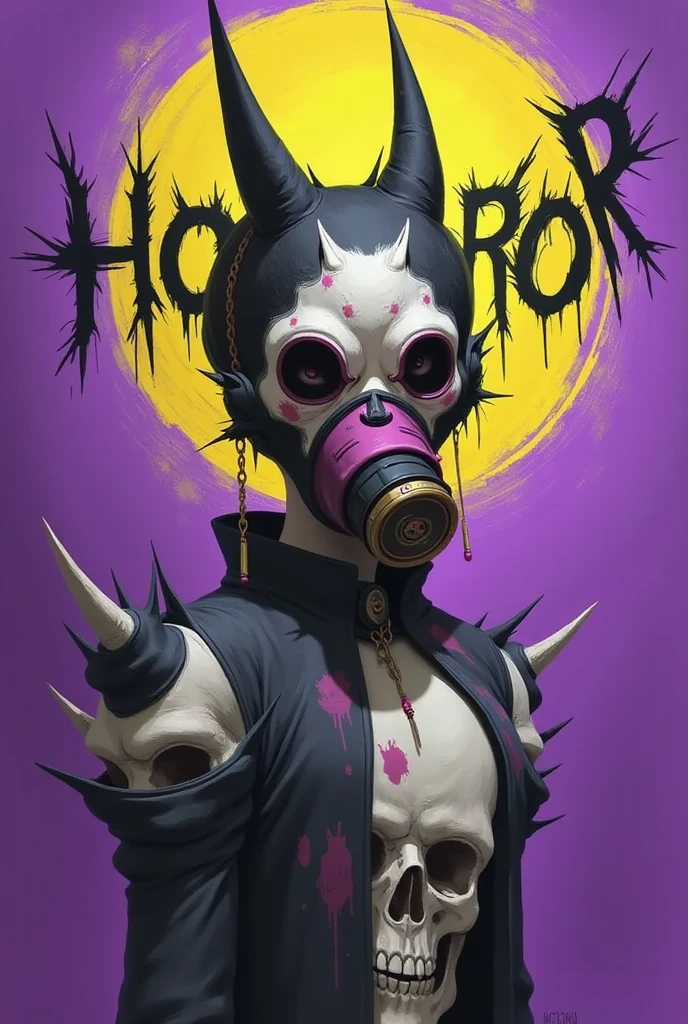 「 woman in cute animal costume and gas mask」A logo design that says、horroor logo image、High contrast in purple and yellow 、Calligraphy、skull,A woman with a full-body image
