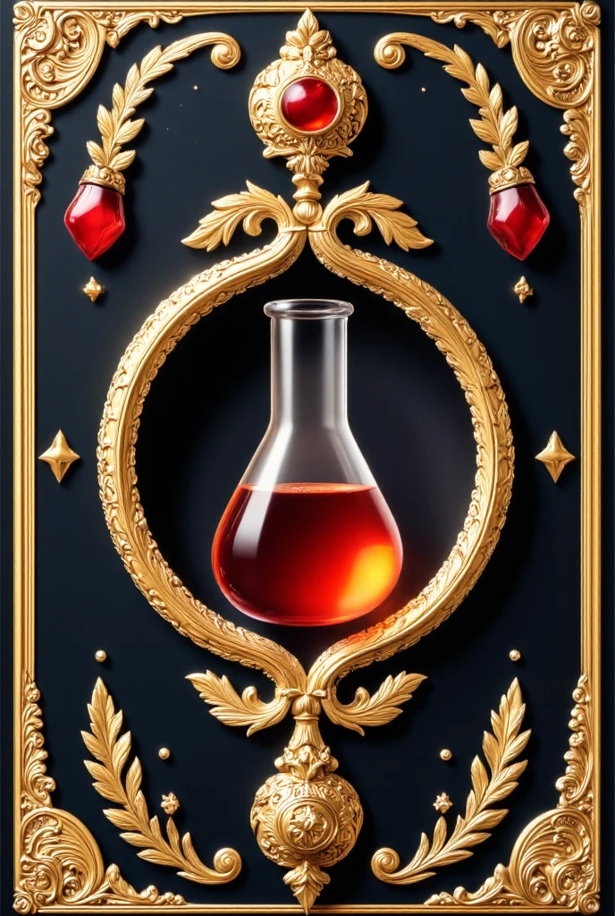  a logo for a legendary chemistry card  ( contains a test tube , a flask ) ( is a logo for a legendary card for an achievement achieved) (with some chemical symbol) (The image of the chemical logo is on an elegant gold luxury playing card)