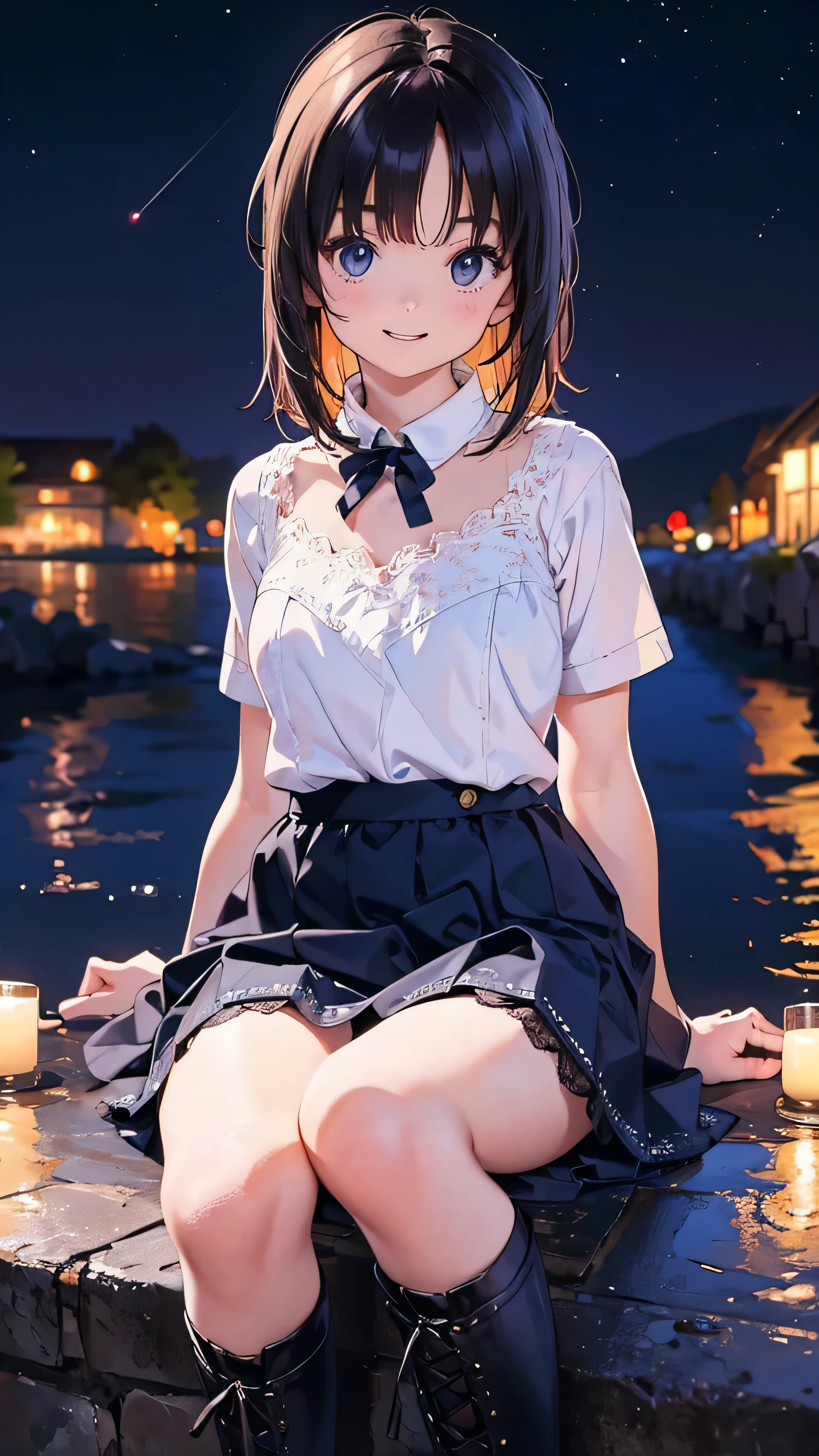  very detailed, ((( very detailed目と顔))), Realistic Portrait , ( best quality, masterpiece,  high definition ), ( high definition スキン: 1.2), 8K Ultra HD,  background blur, smile, Get excited,  one woman, midnight,  absurd, (abyss), Dark Background,  black background, Reflection of light, meteor shower, starry sky, tiered skirt, lace tops,  long boots