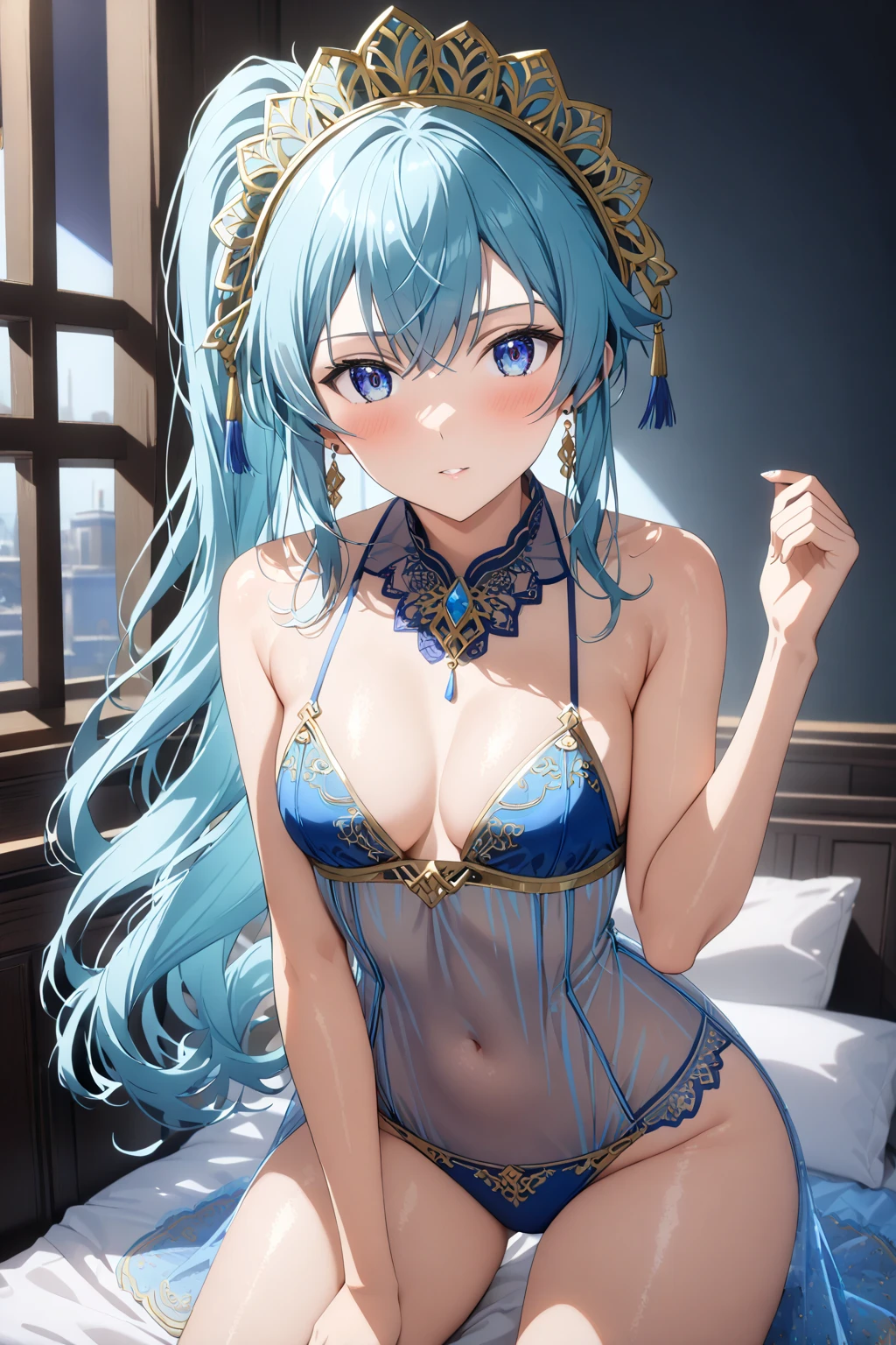 (masterpiece:1.5),(highest quality:1.5),(8K),(super fine illustration:1.5),(very clear image:1.5),(super detailed:1.5),(sexy and cute 1girl:1.5),smile:1.6,(Delicately drawn lingerie:1.6),(Metallic Gold,good:2.0),(Metallic Gold,poor:2.0),(Metallic Gold,garter belt:2.0),(Metallic Gold,stockings:2.0),(sexy pose:1.5),(Bedroom:1.6),sitting on the bed,dynamic angle,random position,blue tone、