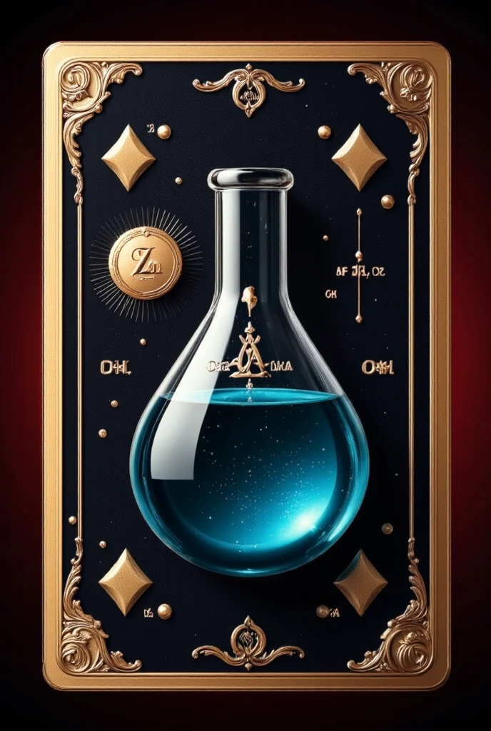  a logo for a legendary chemistry card  ( contains a test tube , a flask ) ( is a logo for a legendary card for an achievement achieved) (with some chemical symbol) (The image of the chemical logo is on an elegant gold luxury playing card)