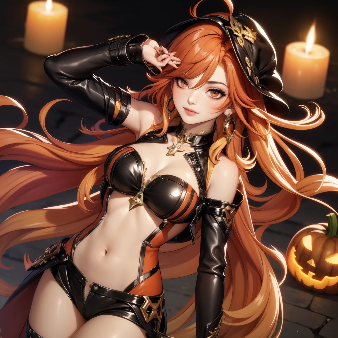 1girl, dress, jewelry, red flame hair, glow hair, flowing hair, ahoge, armpits, witch hat, witch costume, bare shoulders, glow eyes, witch costume for Halloween, Halloween theme, chest sarashi, claw pose, tassel, collarbone, cowboy shot, cute ghost, hair between eyes, hair intakes, halloween, halloween costume, huge ahoge, long hair, looking at viewer, midriff, multicolored hair, witch dress, witch hat on her head, smile, solo, stomach, strapless, streaked hair, thigh gap, thighs, tube top, very long hair, pumpkin lantern, candle, cemetery scenery 