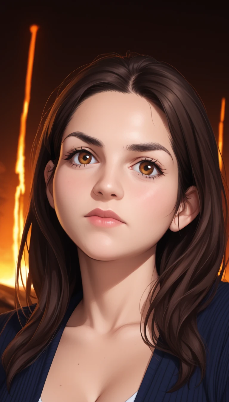 (GeGe:1.3), detailed lips, detailed eyes, detailed eyebrows, detailed hair, detailed face, solo, woman, brunette, long hair, straight hair, light and dark streaked brown hair, (brown eyes:1.2),
 , she has long atraight hair and brown eyes, The girl is standing next to the volcano crater, her face a frown of both astonishment and admiration, her eyes wide open watching the lava flowing next to her. Her impact on the scene is clearly visible on her face, where she is almost motionless, and her eyes glow with a sparkle that reflects the magic of the moment and the majesty of nature. The girl carries an expression of admiration and relief at the same time, and her distinctive face shows that she is aware of the danger of the place and the lethality of the volcano, but she shows a willingness to explore this experience with all possible awareness and enthusiasm., cleavage exposed, big breasts, superior quality, many details, Puri focus Sharp and realistic