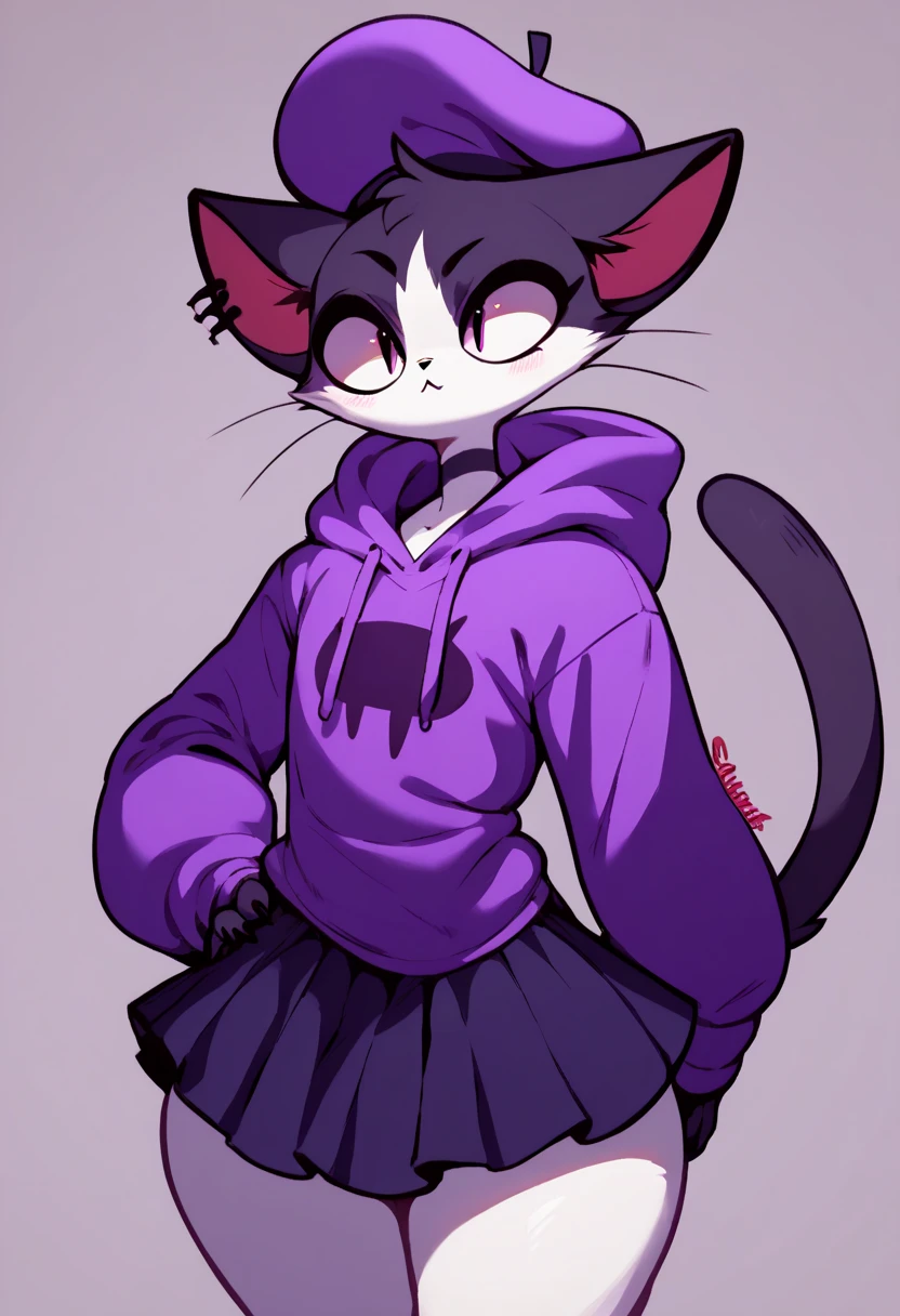  Anthropomorphists Femboy  ,beret ,  wearing gothic clothing  ,(( She wears a purple hoodie))  , white body ,((Black-eared cat )) , wearing a skirt,  wide hips,  big boobs, Look with enthusiasm  