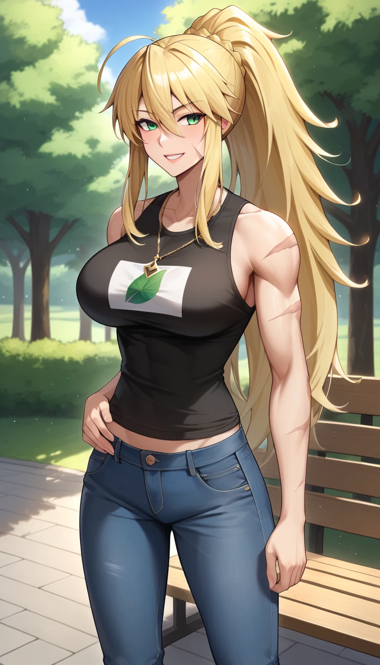 (((throw)), artoria, destination, blonde hair, blue-green eyes,  High resolution, ultra-sharp, 8K,  masterpiece,  looking at the spectator, (( masterpiece)), (( high definition)), (( lyrics)), anime badass 8K,  better noise removal , La  better quality , best render ,  smiling with joy ,  sitting on a wooden bench in the park, ( better quality :1.3), (4K quality), Good composition, bright green light, Headrest, Lips, ( long hair  atado bajo, (day:1.2), (( masterpiece)), (( high definition)), (( lyrics)), anime badass 8K,  better noise removal , La  better quality , best render , blonde hair, tied hair,  long hair ,  long hair  atado, cintura slim, muscle girl, Full arms, without errors,  long hair  atado, high ponytail, hide breasts , girl smiling,  girl looking forward , blue-green eyes, golden hair, usando su jeans negros y  black sleeveless t-shirt, hide breasts , slim, signs of fatigue, (From behind: 1,9), parada de espaldas, walking away from the camera,  taking a step away from the camera ,  scars on the body , jeans negros,  black sleeveless t-shirt, scars on the arms, Stand forming the heart symbol with your hands, alone, only girl , girl smiling de alegría,  hands on the waist,  mature woman ,  looking to the left , varias scars on the arms