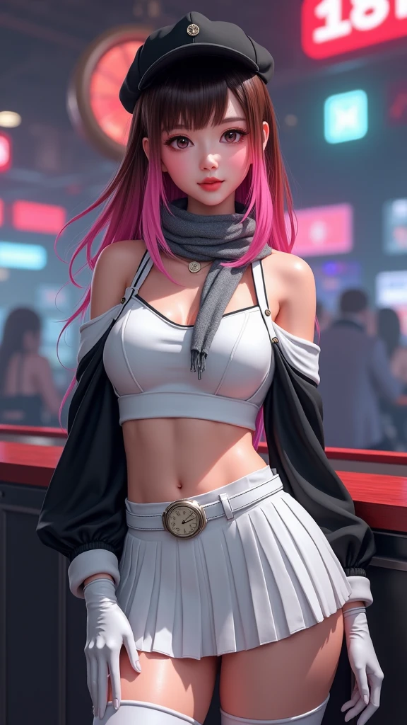 Amber heard, single elbow, ankle boots, blonde hair, pink skirt, black thighs, pink boots, elbow gloves, elbows, fingerless gloves, tense shirt, sports bra, (pink skirt suspended), thighs, white tank top, top body is hyper-realistic and hyper largest_breasts!! with the type of boobs_melons, pink hair, full body, big chest, no bra and no panties, look at the viewer, posing standing at the bar, sensual mouth, makeup, bokeh, best quality, masterpiece, highres, UHD, 1080P --auto