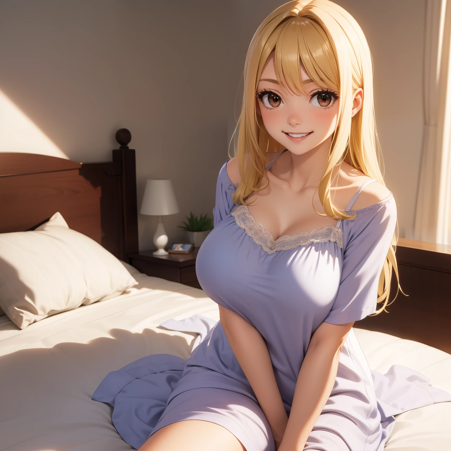  blonde golden-haired woman long hair ,  bright brown eyes ,  big breasts. happy smile, nightgown . Background a bedside bed.