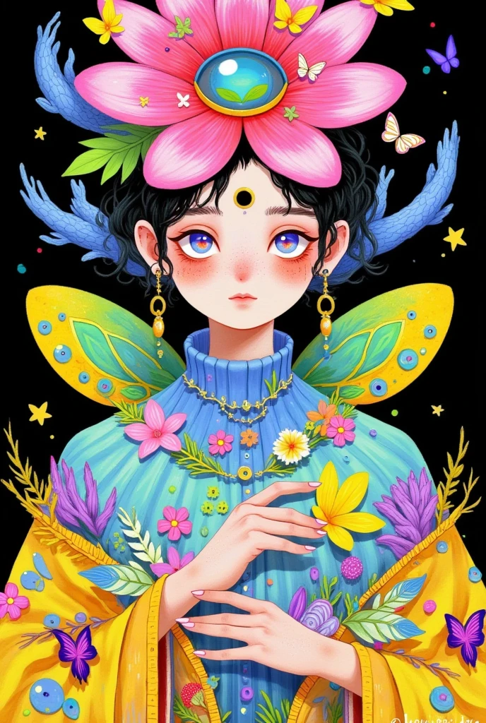  A painting depicting a woman with a flower head and a butterfly, highly detailed Fantasy Art, The Third Eye, Fantasy Art style, Fantasy Art, Psychedelic Goddess,  Psychedelic illustration , The Third Eye的视觉,  Art Deco Flower Shaman , The Third Eye,  Psychedelic Organic Cyborg , hyper - detailed Fantasy Art,  fantasy painting , hyper detailed Fantasy Art, Complex artwork. Neon Eyes