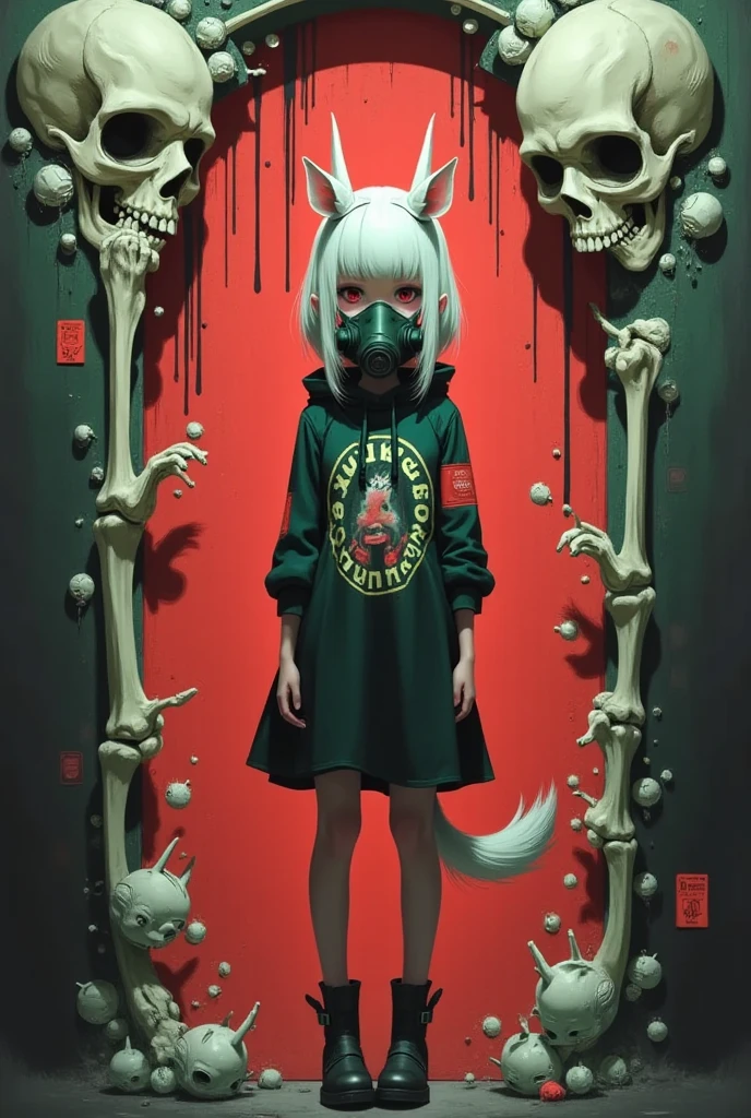 「 girl in cute animal costume and gas mask」 cyberpunk 、Horror Taste、 red and green high contrast 、calligraphy、 skull bones,full body portrait woman
