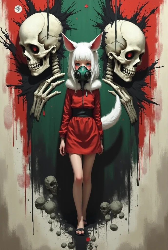 「 girl in cute animal costume and gas mask」 cyberpunk 、Horror Taste、 red and green high contrast 、calligraphy、 skull bones,full body portrait woman
