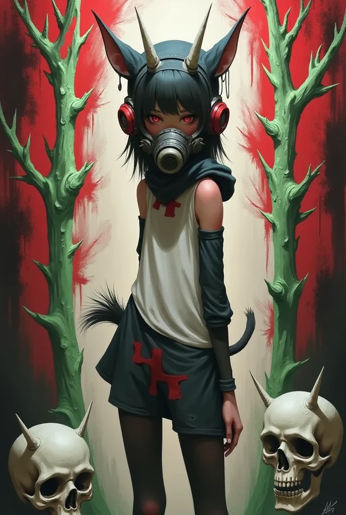 「 girl in cute animal costume and gas mask」 cyberpunk 、Horror Taste、 red and green high contrast 、calligraphy、 skull bones,full body portrait woman
