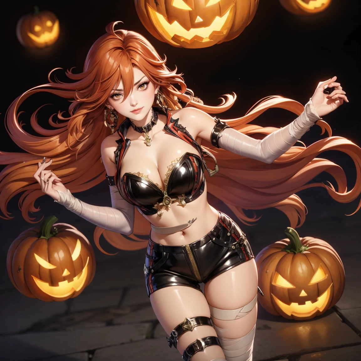 1girl, dress, jewelry, red flame hair, glow hair, flowing hair, ahoge, armpits, bandaged arm, bandaged hand, bandaged leg, bandaged neck, bandage chest, bandages all over the body, bandages, bare shoulders, glow eyes, mummy costume for Halloween, Halloween theme, chest sarashi, claw pose, tassel, collarbone, cowboy shot, cute ghost, hair between eyes, hair intakes, halloween, halloween costume, huge ahoge, long hair, looking at viewer, midriff, multicolored hair, mummy costume, smile, solo, stomach, strapless, streaked hair, thigh gap, thighs, tube top, very long hair, pumpkin lantern, candle, cemetery scenery 