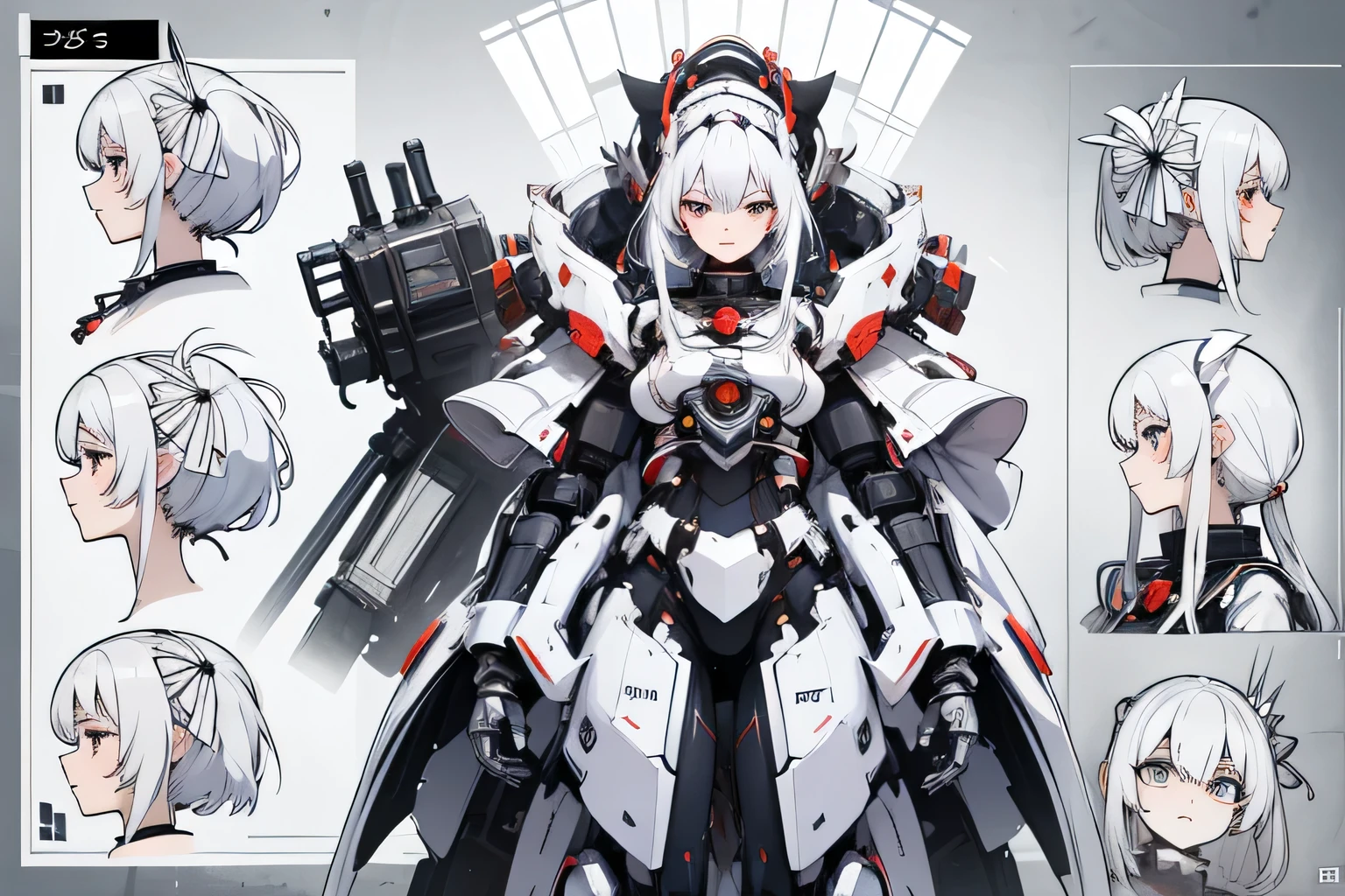 Concept art, Character sheets, Multiple side view, Masterpiece, ultra details, absurdres, Best face, best detailing, Ultra detailed face, perfect face, exoskeleton, Robotic ribbon, 1 samurai princess oneesama, Upper body, White hair, space, mecha, aura concept,full body shot,