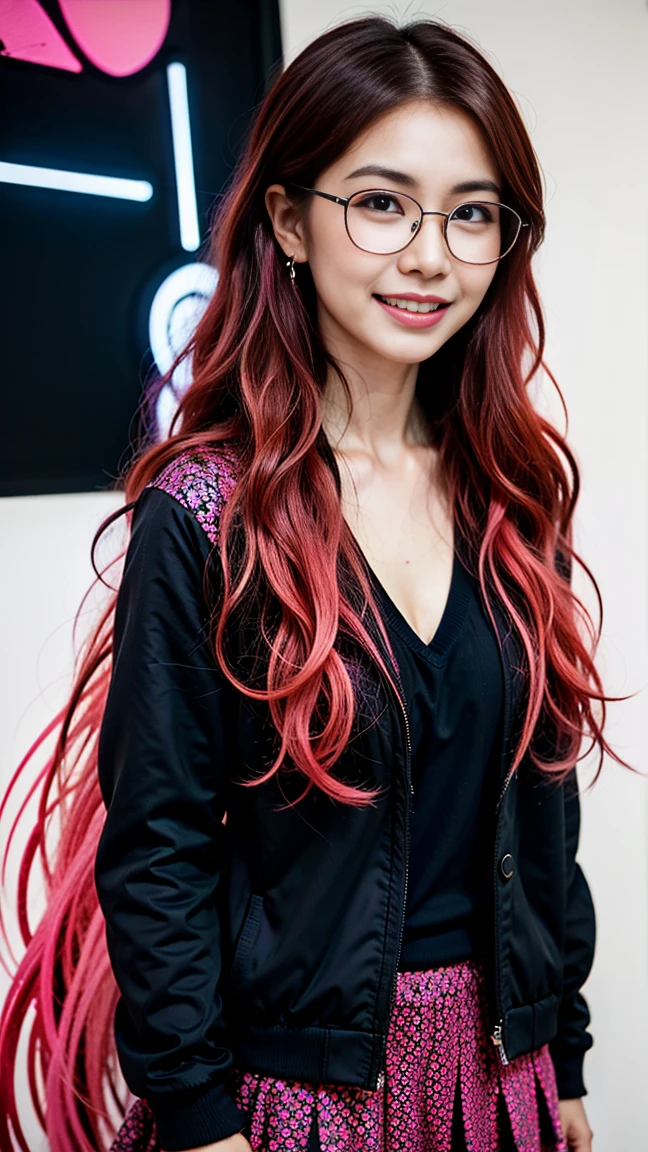 Cheerful smile， Woman wearing glasses, Bad youth , Long pink hair,Floating hair, Cinematic poster，tangle,ear piercings,soloで,a colorful,Skirt, Jacket,Harajuku wear, blue eyes, monochrome,+++,a colorful別れ, Yayoi Kusama， solo， Dynamic Poses