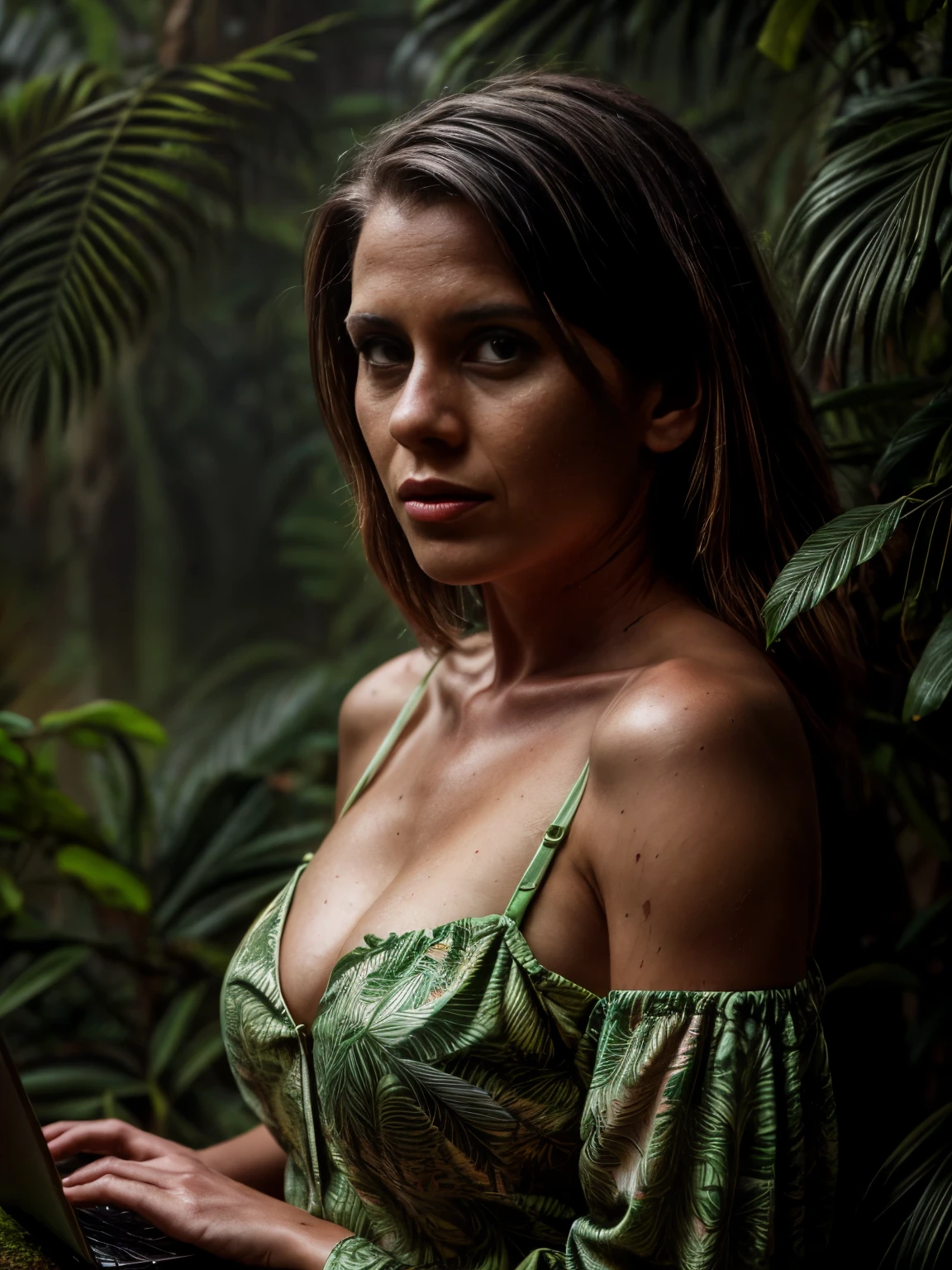 bra, arms at sides, portrait, closeup, looking at camera, best quality, upper body, shirt, woman in forest, EricaCampbell, nikon d850 film stock photograph 4 kodak 400 camera f1.6 lens rich colors hyper realistic lifelike texture natural lighting trending on artstation cinestill 800, (100mm lens), long hair