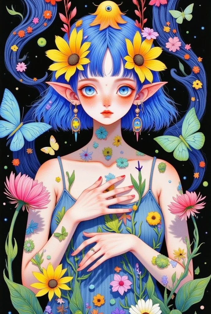  A painting depicting a woman with a flower head and a butterfly, highly detailed Fantasy Art, The Third Eye, Fantasy Art style, Fantasy Art, Psychedelic Goddess,  Psychedelic illustration , The Third Eye的视觉,  Art Deco Flower Shaman , The Third Eye,  Psychedelic Organic Cyborg , hyper - detailed Fantasy Art,  fantasy painting , hyper detailed Fantasy Art, Complex artwork. Neon Eyes