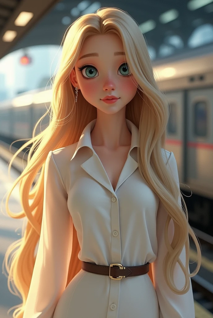 Beautiful, white, , wearing short sleeved white blouse, wearing black miniskirt, long blonde hair, sitting on corner of office desk in an executive office suite