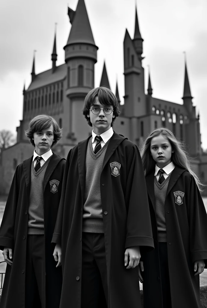 Create a sticker with white borders of a scene from the movie Harry Potter where 2 characters, young boy and older girl, both in Gryffindor uniforms, in the background the Hogwarts castle in high resolution with blurred background, movie image and hyper-realism.