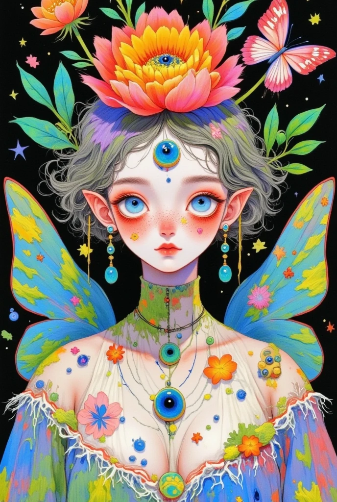  A painting depicting a woman with a flower head and a butterfly, highly detailed Fantasy Art, The Third Eye, Fantasy Art style, Fantasy Art, Psychedelic Goddess,  Psychedelic illustration , The Third Eye的视觉,  Art Deco Flower Shaman , The Third Eye,  Psychedelic Organic Cyborg , hyper - detailed Fantasy Art,  fantasy painting , hyper detailed Fantasy Art, Complex artwork. Neon Eyes