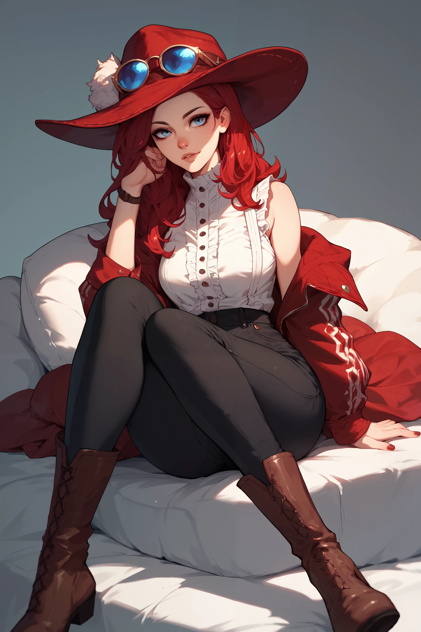 Woman, long red hair, blue eyes, red hat, red button-down blouse, black pants, Brown boots with fur , cowboy style,Sitting