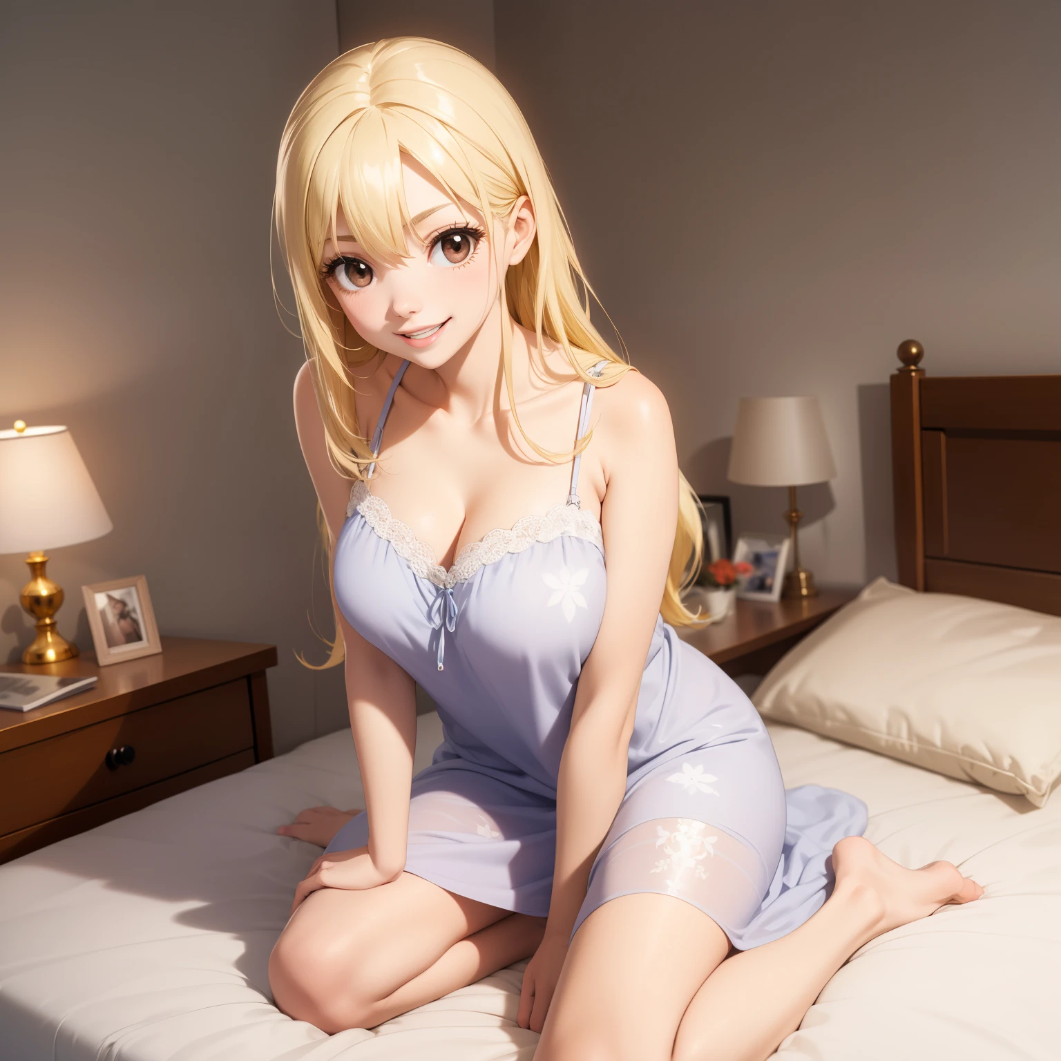  blonde golden-haired woman long hair ,  bright brown eyes ,  big breasts. happy smile, nightgown . Background a bedside bed.