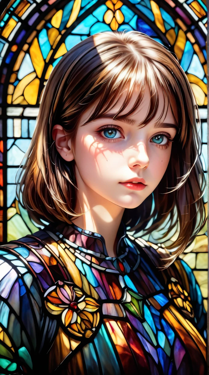 1girl, solo, looking at viewer,  Stained Glass Portrait, masterpiece,best quality,extremely detailed,fine details,official art,unity 8k wallpaper,4K,8K,UHD, antiBlur,photography, abstract background