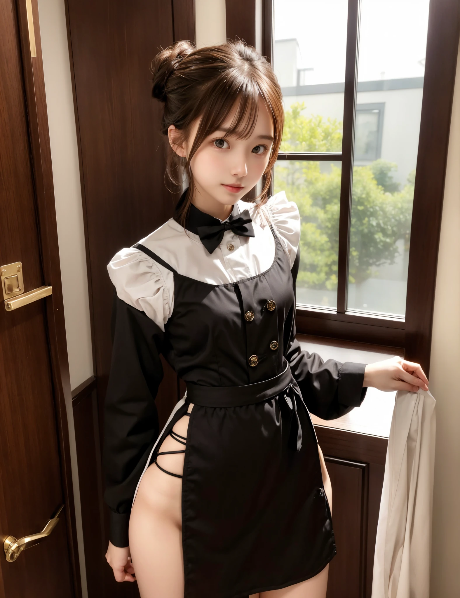 Maid, chignon hair,brown hair,slender body,cute pretty girl