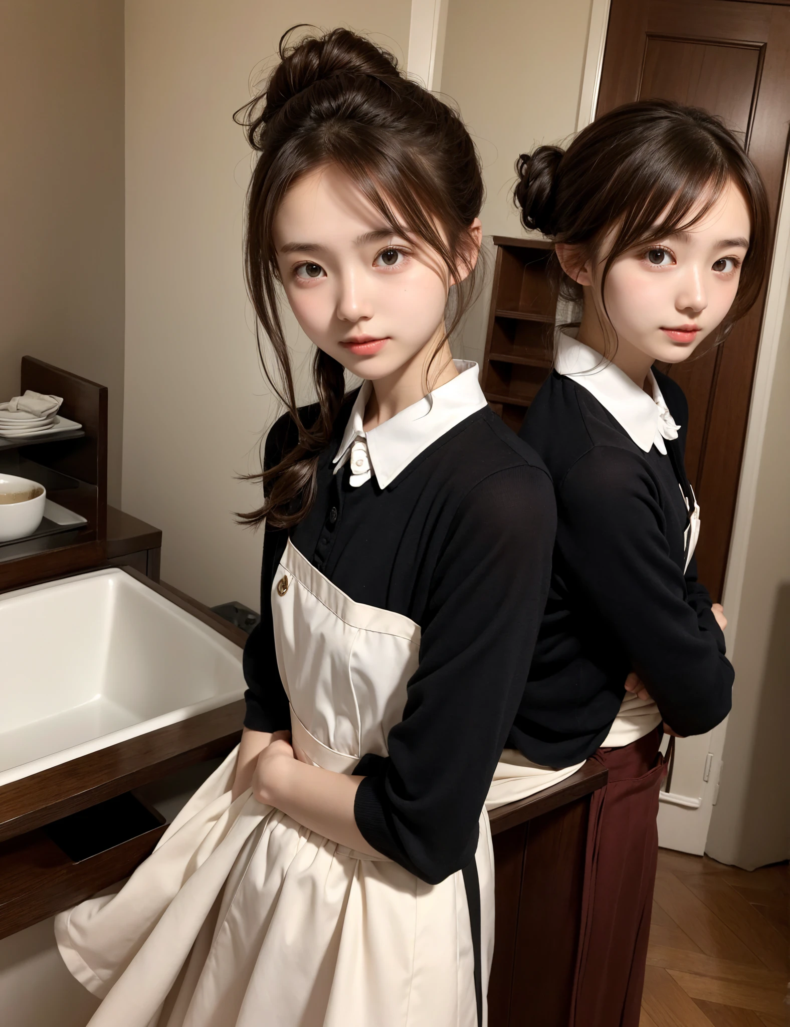 Maid, chignon hair,brown hair,slender body,cute pretty girl