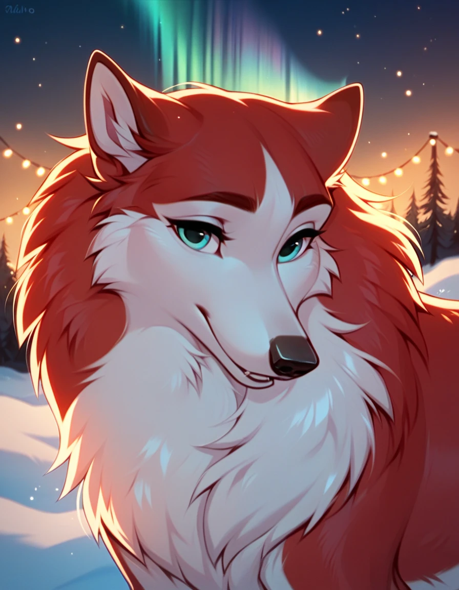 Score_9, Score_8_up, Score_7_up, Score_6_up, Score_5_up, Score_4_up, wild, Jenna, animal, wolf dog, soft fur, red fur, two tone fur, looking at you, smiling, cute, long eyelashes, sensuality, portrait, beautiful, masterpiece, very detailed. The background features a stunning northern lights, with vibrant waves of green, purple and blue light dancing across a clear, star-filled night sky. Snow-covered trees and distant mountains frame the scene, adding depth and serenity. The soft, colorful glow of the aurora subtly reflects on Jenna's fur, enhancing its warmth and texture while creating a magical, atmospheric environment.