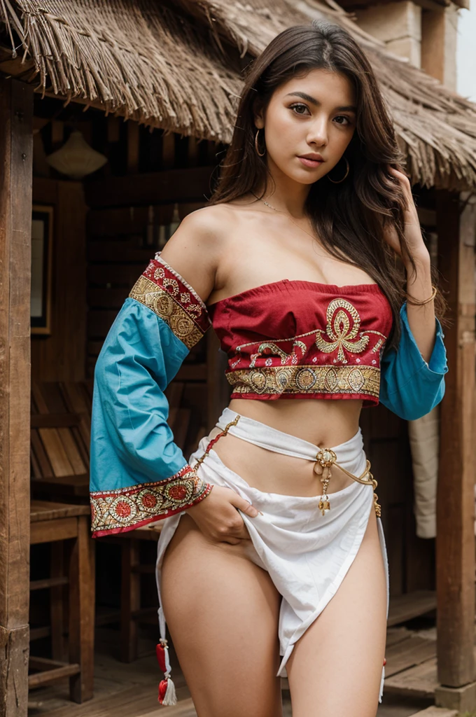 Turkic woman wearing traditional dress showing her belly