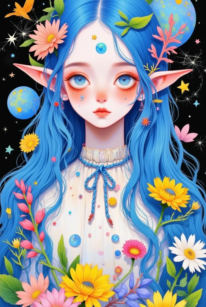 a painting of a woman with blue hair and flowers in her hair, space flower fairy, cute detailed digital art, cute detailed artwork, anime fantasy illustration, elf girl wearing an flower suit, fantasy art style, pop surrealism art style, beeple and jeremiah ketner, colorfull illustration, beautiful digital illustration, colorful illustration, ethereal flowerpunk, digital anime illustration