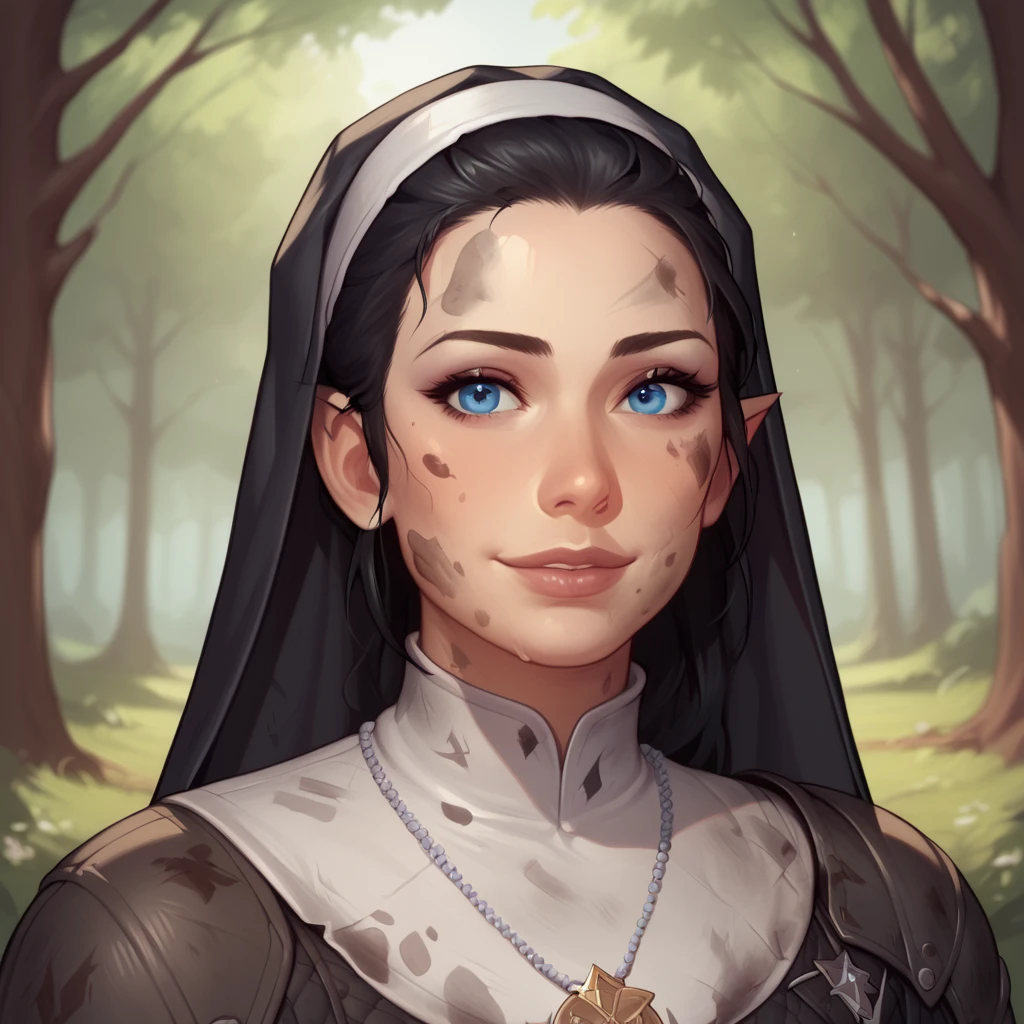 (((beautiful, high quality, comics style, detailed face))), score_9, score_8_up, score_7_up, BREAK, 1girl, duxlipa, warrior nun, small pointed ears, black hair, blue eyes, leather armor, leather shoulder pads, patterns on armor, medal necklace, nun veil, smile, docile, dirty, dusty, female focus, solo:1.4, portrait, upper body, portrait, looking at the viewer, forest background, fantasy, blurred background, Expressiveh, detailxl, DeepNegative_xl_v1