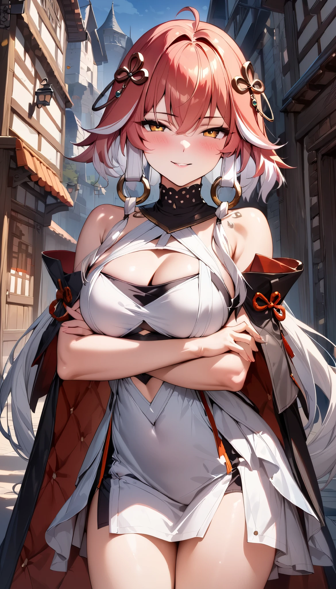 (masterpiece),(best quality),(ultra-detailed),(best illustration),(best shadow),(absurdres),(detailed background),(very aesthetic), changli(wuwa), 1girl, breasts, solo, dress, cleavage, orange eyes, looking at viewer, bare shoulders, white dress, medium breasts, blush, red hair, streaked hair, white hair, seductive smile, from the front, cowboy shot, crossed arms, medieval city background, night, 