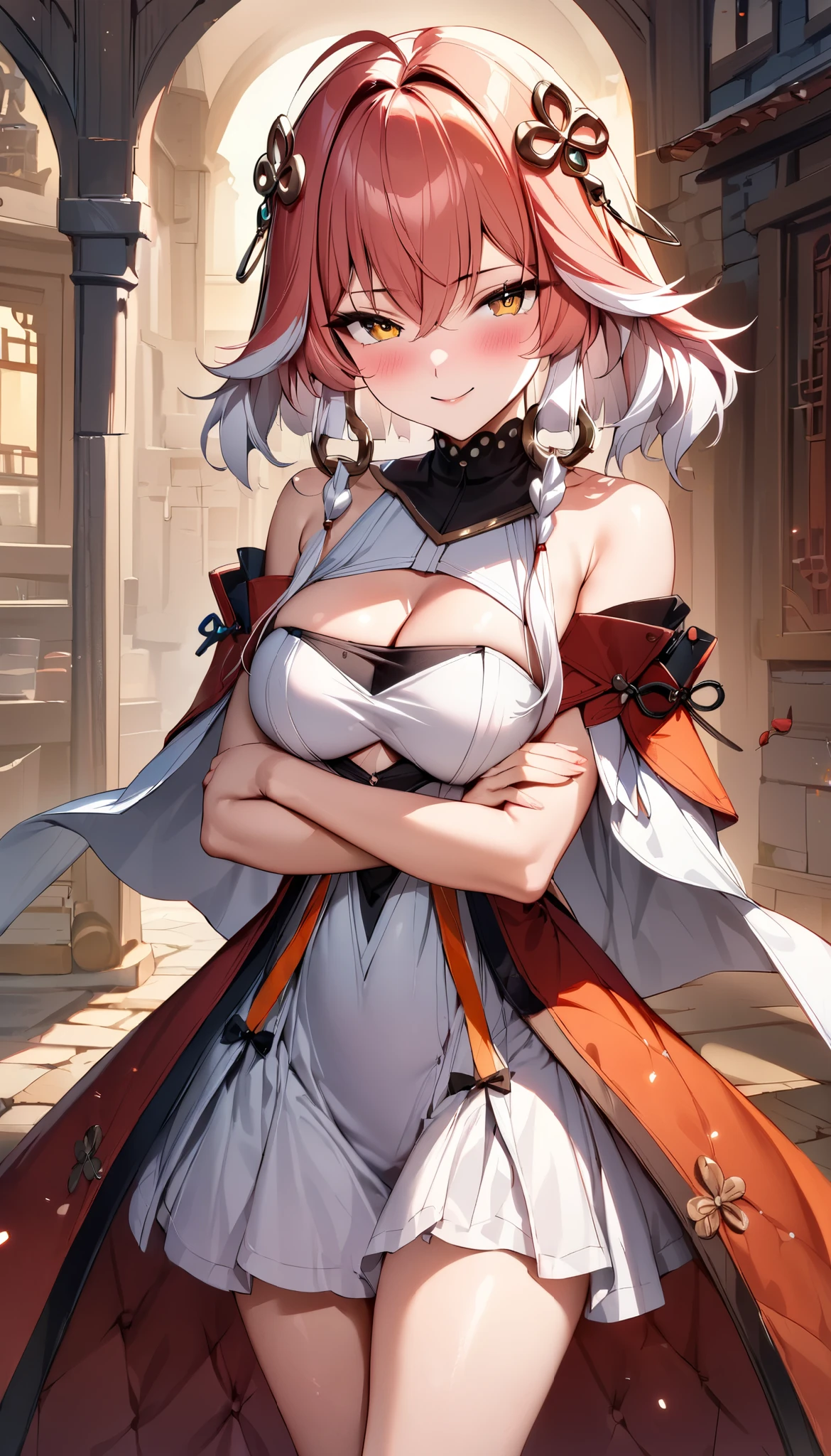 (masterpiece),(best quality),(ultra-detailed),(best illustration),(best shadow),(absurdres),(detailed background),(very aesthetic), changli(wuwa), 1girl, breasts, solo, dress, cleavage, orange eyes, looking at viewer, bare shoulders, white dress, medium breasts, blush, red hair, streaked hair, white hair, seductive smile, from the front, cowboy shot, crossed arms, medieval city background, night, 