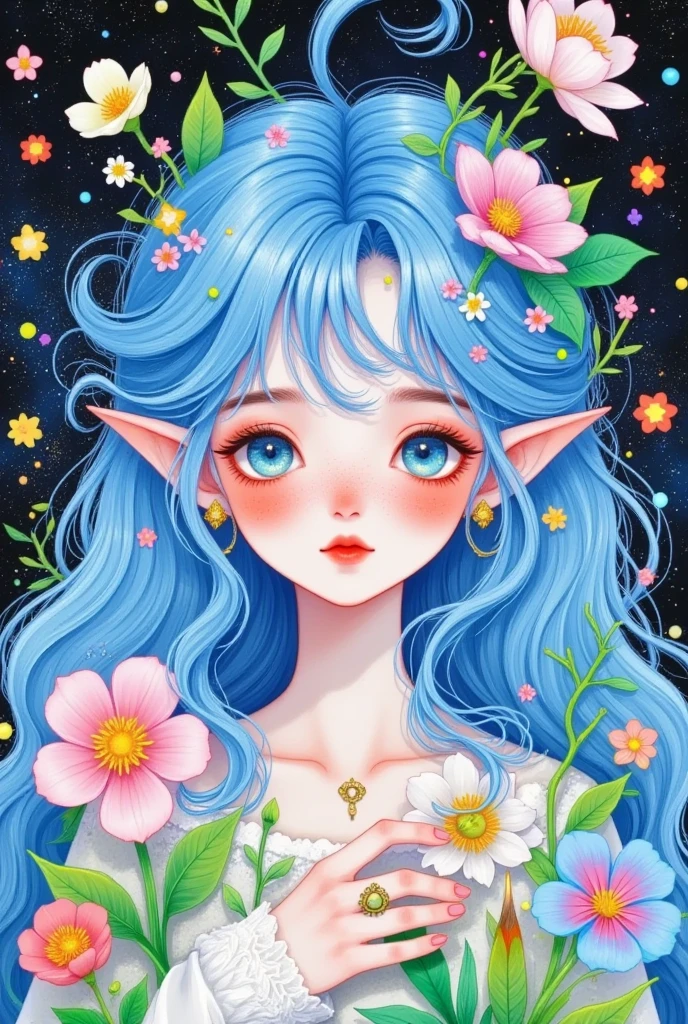 a painting of a woman with blue hair and flowers in her hair, space flower fairy, cute detailed digital art, cute detailed artwork, anime fantasy illustration, elf girl wearing an flower suit, fantasy art style, pop surrealism art style, beeple and jeremiah ketner, colorfull illustration, beautiful digital illustration, colorful illustration, ethereal flowerpunk, digital anime illustration