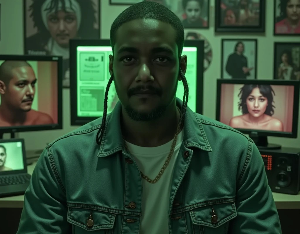  a very handsome black man hacker sitting in front of 3 monitors . monitor lights .  green lights like in Matrix ,  on his face there are reflections of light also like the Matrix codes,  full body .  posters and photos of movies and hot women , respectively