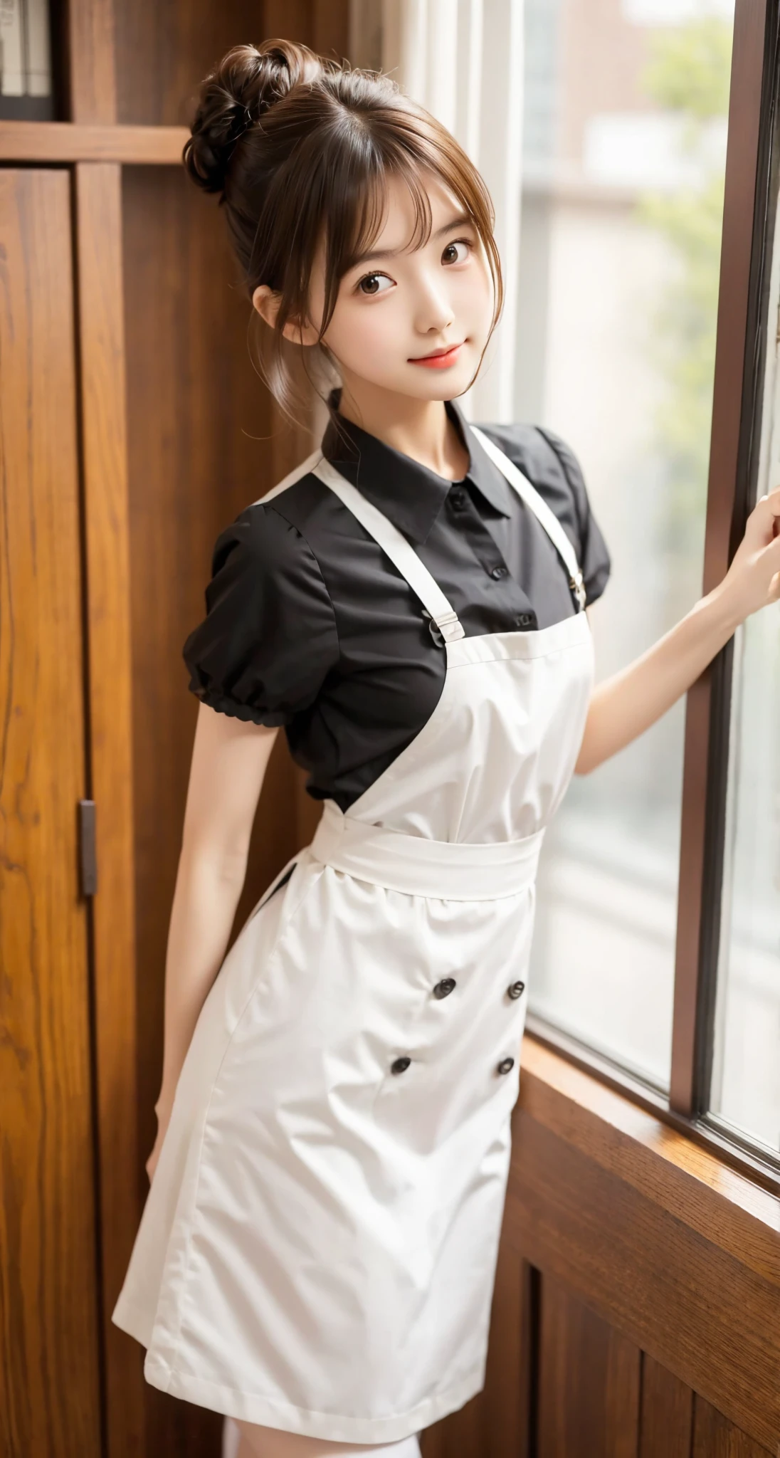 Maid, chignon hair,brown hair,slender body,cute pretty girl