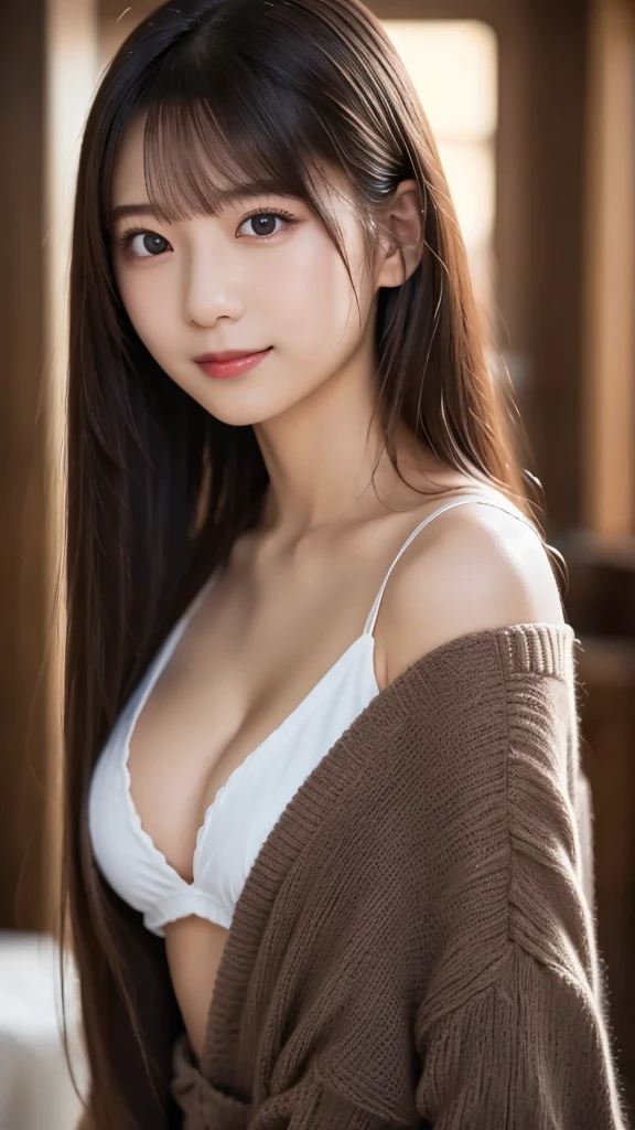  white shirt, beautiful目,  sexyポーズ, Feminine dark hair , ( Delicate and realistic hair, 1 1 Realistic Hair), bangs,  natural colored lips, smile, ((white indoor)), indoor, ( 18 year old female  : 1. 2),  Young and Adorable Japanese Face,  Official Art,  high definition  CG Unity 8k 壁紙, (masterpiece: 1.0) , ( best quality: 1. 0), ( best quality: 1. 0), Ultra  high definition ,4K, Very detailed,  photos that are definitely not SFW,8k, NFFS DAW , high definition , Kodak Portrait 400 , Film Grain, Lens Flare グロー, best quality,8k, NFFS DAW :1. 2),  as a portrait shot,8k, Show viewer , ((masterpiece)), (( best quality)), ( super detailed), ((cute)), (Nice), (( sexy)), (( Very detailedな)), (detailed clothing features), 4K, (8k), (beautiful), Illustration, beautiful日本人の女性, ((1 female)), beautiful black hair, (Long Hair:1.2), ((beautiful eyes)),  Lens Flare, (((Front View))), ((facing))、(Bold Cleavage : 1.3)、 (Tight chest : 1.3)