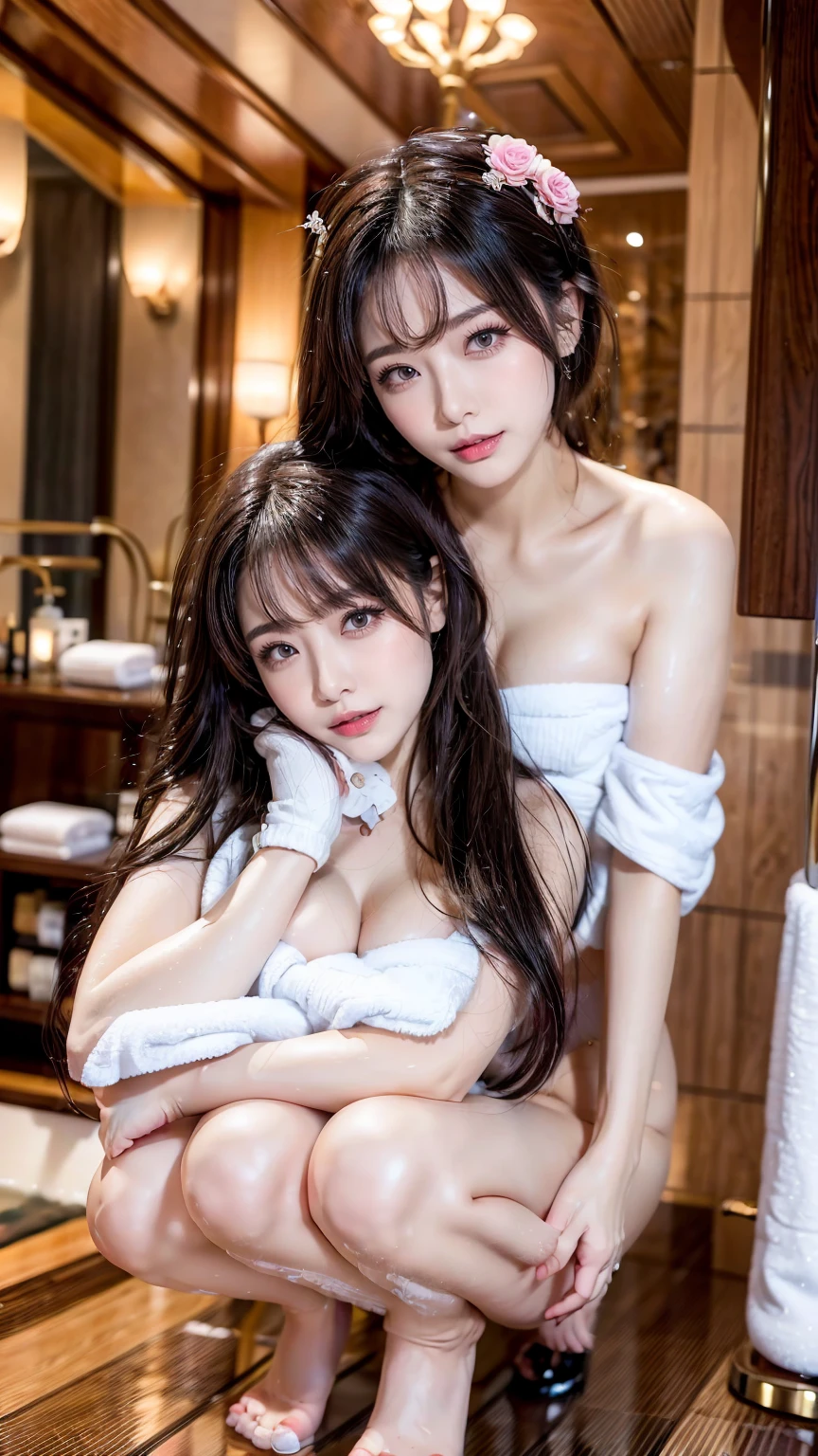 ((Extremely cute girls relaxing together in the sauna)), Outstanding proportions, (((Two beautiful girls:1.3))), (((Completely naked:1.4))), (:1.4), ((Small breasts:1.2)), Smooth body, Small and slender figure, ((Detailed eyes and face, Idol Face, Professional photography techniques)), (Perfect Anatomy), ((blush)), (Highest quality, 8K, masterpiece:1.2, RAW Photos), ((A seductive and sexy look:1.3)), (Sweat:1.2), (vapor), Ultra-detailed, (Beautiful hip joint shape:1.3)