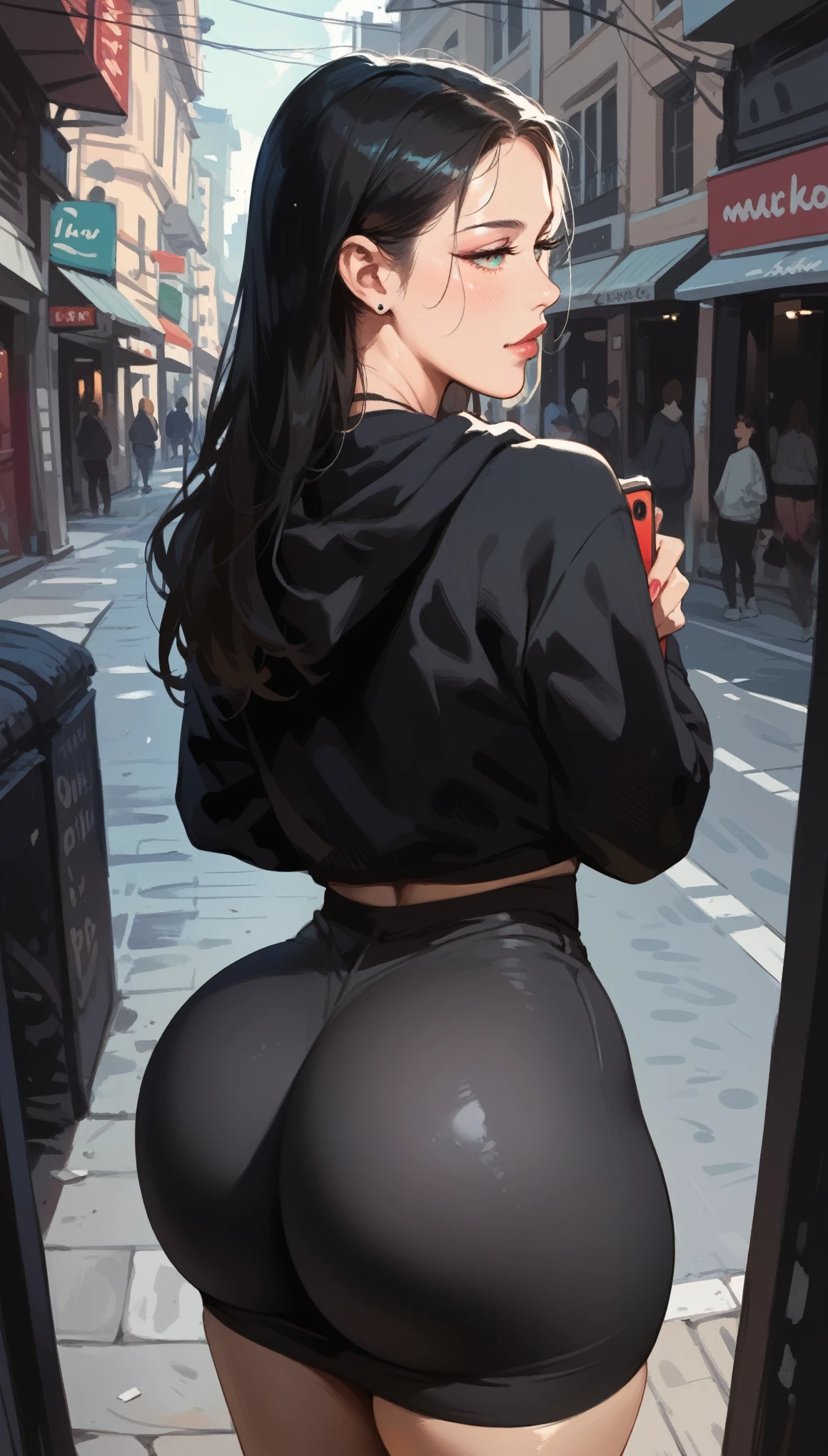 A beautiful girl with long black hair on her back,  giant ass,  Wearing black clothes , black sweatshirt,  hottie